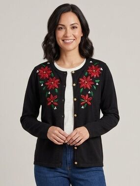 Classic Elements Christmas Holiday Black Cardigan Women’s Size Medium Petite